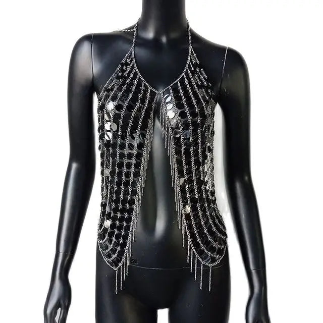 AKYZO Sequined Crop Tops for Women Metal Chain Tassel Nightclub Dance Wear Party Burning Outfits Plastic Tank Top Sexy Festival