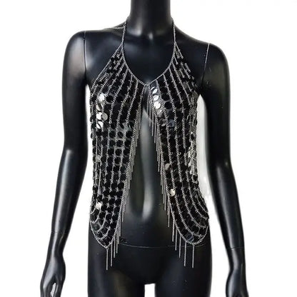 AKYZO Sequined Crop Tops for Women Metal Chain Tassel Nightclub Dance Wear Party Burning Outfits Plastic Tank Top Sexy Festival