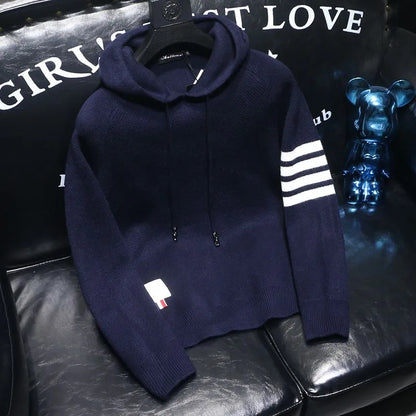 2025 Spring and Autumn New Fashion Trend Thickened Warm Striped Hooded Sweater Men's Casual Loose Sports High Quality Knitwear