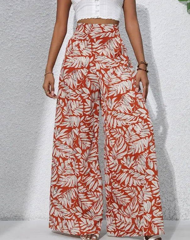 Women's Boho Tropical Leaf Print High Waist Wide Leg Pants Casual Loose Flared Trousers Elastic Waist Summer Beach Wear