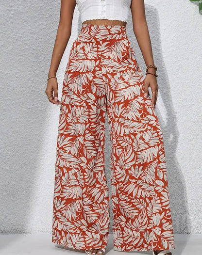 Women's Boho Tropical Leaf Print High Waist Wide Leg Pants Casual Loose Flared Trousers Elastic Waist Summer Beach Wear
