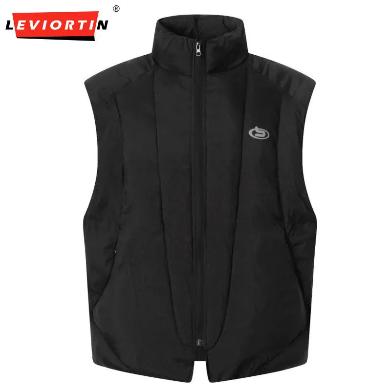 Winter men's high street trendy loose casual versatile sleeveless camisole, thick half high collar cotton jacket, vest jacket