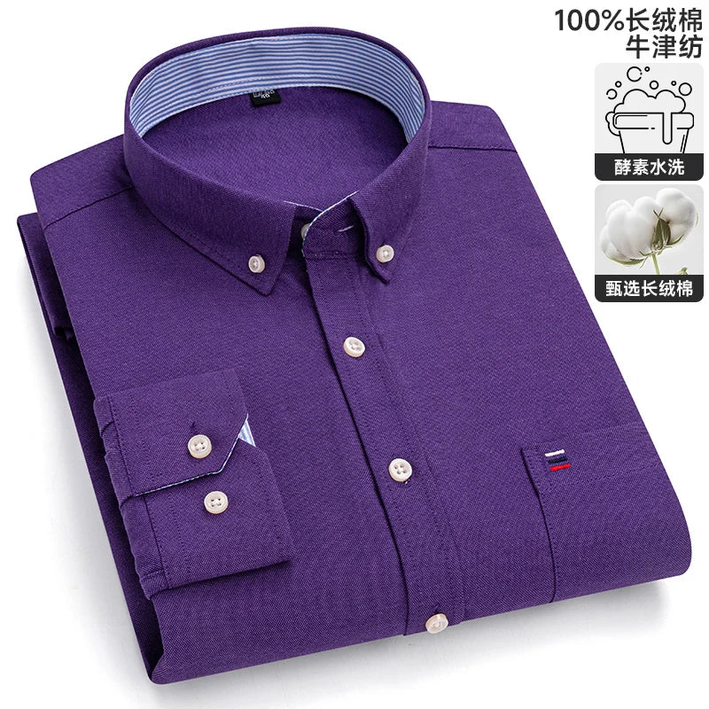 100% Cotton Oxford Casual Shirts For Men Long Sleeved Plaid Striped Soft Regular Fit Formal Single Pocket Social Fashion Blouses