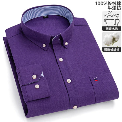 100% Cotton Oxford Casual Shirts For Men Long Sleeved Plaid Striped Soft Regular Fit Formal Single Pocket Social Fashion Blouses