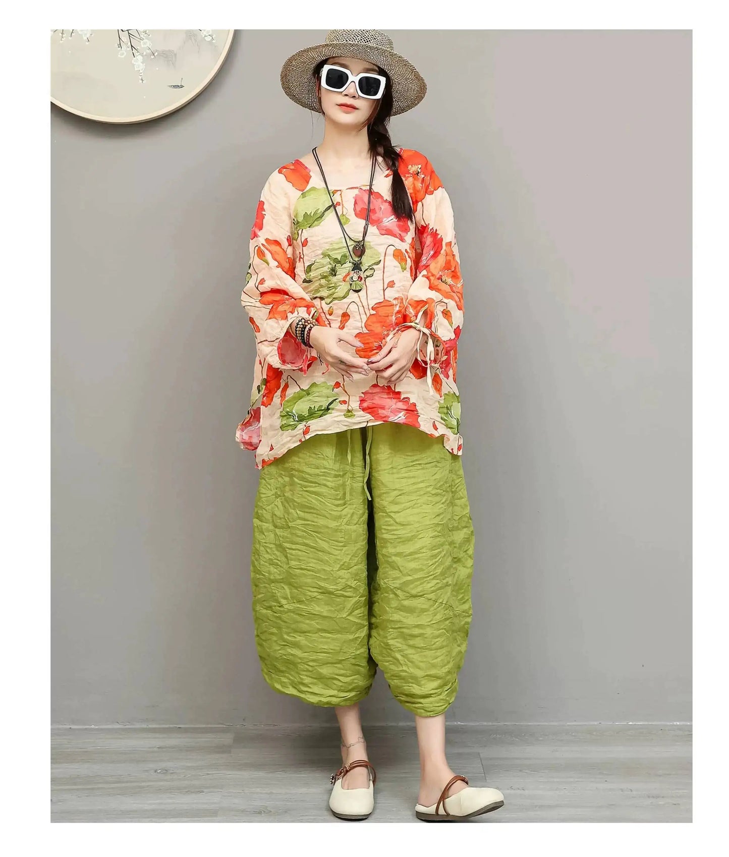 Artistic Ramie Suit Women Summer Floral Tie-up Top + Loose Wide-leg Cropped Pants Two-piece Set XY336