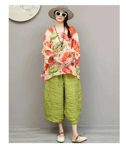 Artistic Ramie Suit Women Summer Floral Tie-up Top + Loose Wide-leg Cropped Pants Two-piece Set XY336