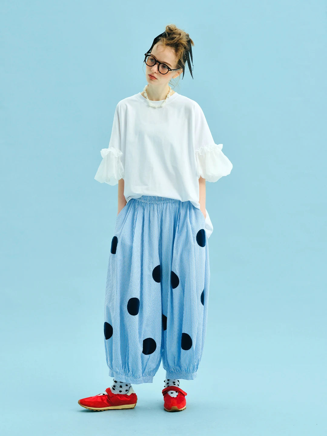 Sky blue pants 2025 imakokoni summer Japanese pure cotton foam yarn blue and white striped polka dot thigh pants 255045