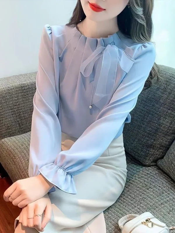 Retro Bow Tie Long Sleeve Shirt Women's Autumn New Design Elegant Top Korean Style Loose Fit round Neck  Color