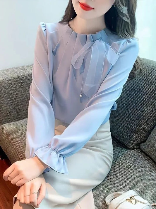 Retro Bow Tie Long Sleeve Shirt Women's Autumn New Design Elegant Top Korean Style Loose Fit round Neck  Color