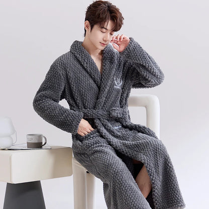 Thiened Coral Fce Robe Long Plu Spwear for Couples Autumn Winter Sle Home Clothes Outerwear Polyester Fiber