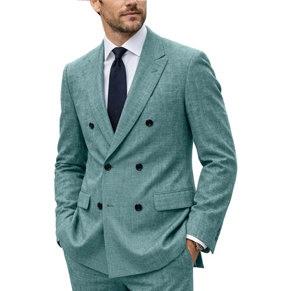 Men's Linen Suit Set  Double Breasted Slim Fit Peak Lapel Formal Blazer Pants Breathable Business Wedding Groom Tuxedo