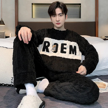 Thickened Warm Sleepwear for Winter Coral Velvet Autumn and Winter Men Flannel Loungewear Large Size 2 Piece Set Homewear