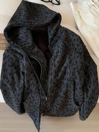 plus Size Women's Hooded Fleece Lined Thickened Cardigan Coat Leopard Print Warm Sweatshirt Loose Fit Autumn Winter Outerwear