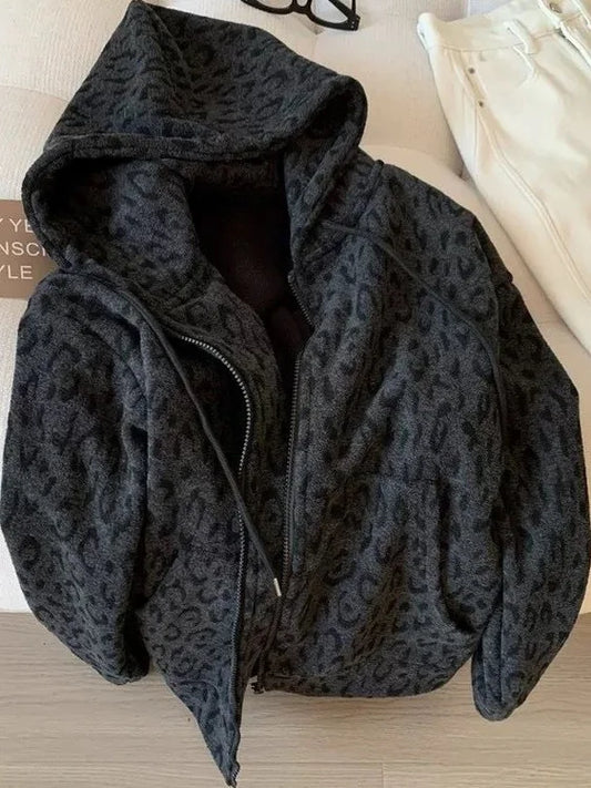 plus Size Women's Hooded Fleece Lined Thickened Cardigan Coat Leopard Print Warm Sweatshirt Loose Fit Autumn Winter Outerwear