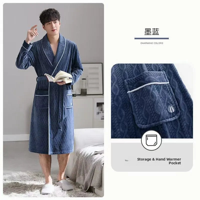 Island Velvet Thickened Coral Fleece Men's Sleepwear Autumn Winter Style Flannel Bathrobe Home Comfortable Pajamas Robe