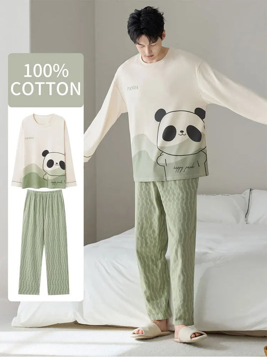 Men's 100% Cotton Long Sleeve Pajama Set, Spring Summer & All Season Plus Size Loungewear, Teen & Adult Pure Cotton Home Suit