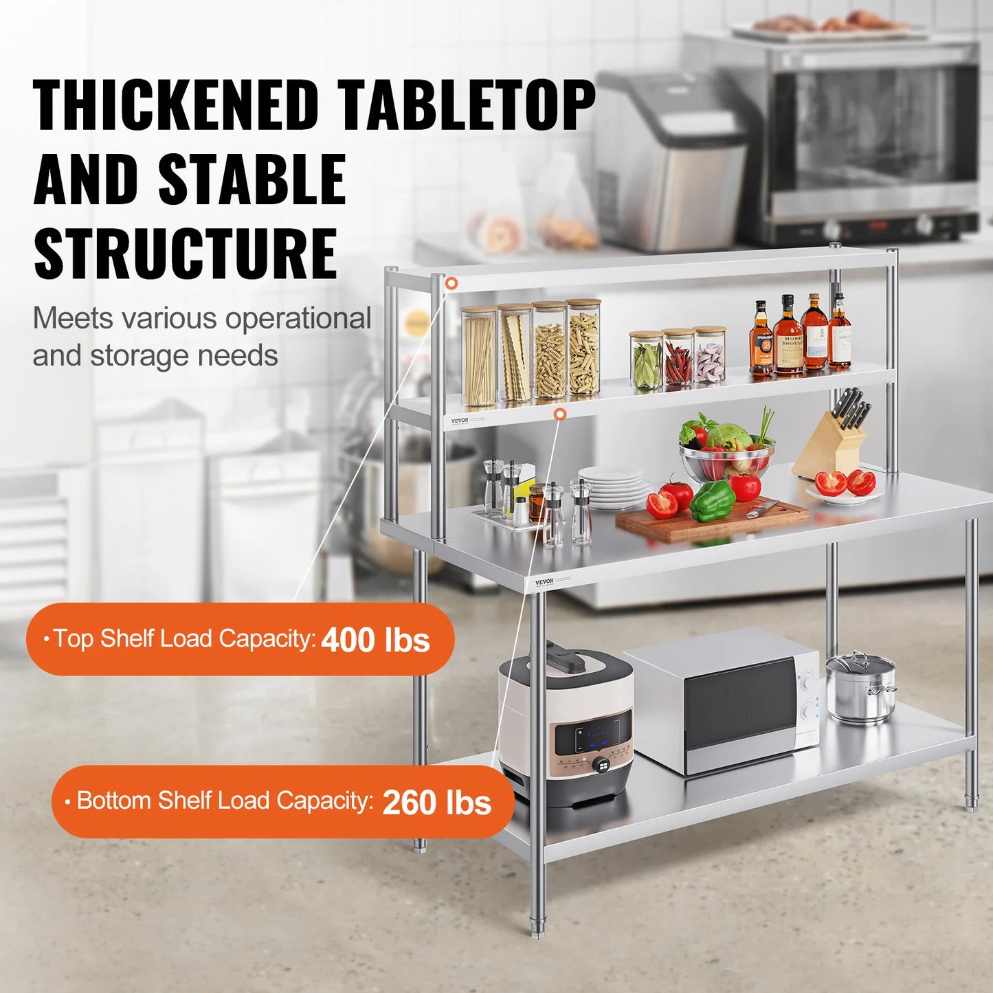 SucceBuy Stainless Steel kitchen worktable Overshelf with Height Adjustable Overshelf Prep Work Table for Kitchen Restaurant