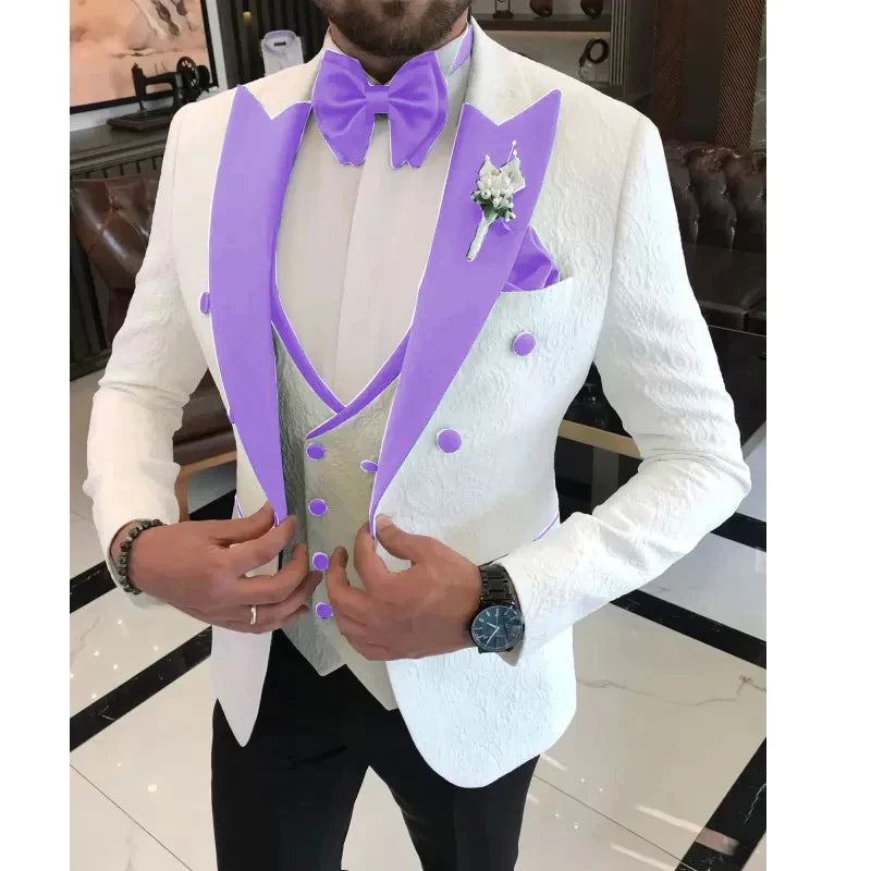 Floral Wedding Suits for Men Double Breasted Jacket with Vest Pants 3 Pieces Peak Lapel Groom Tuxedo Male Fashion Suit
