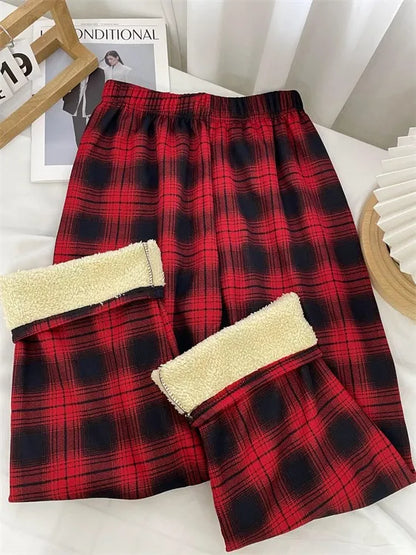 Shearling Lined Plaid Pants Women Winter High Waist Flared Trousers Straight Leg Warm Fleece Thermal Bottoms for Women Casual