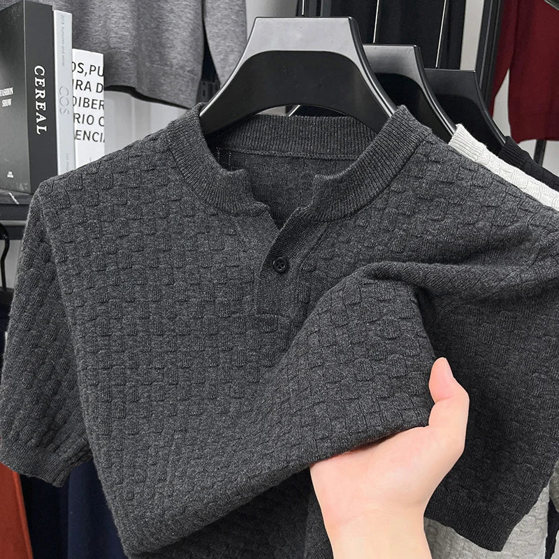 Textured Twisted Stripe Lightly Mature Henry Collar Knitted Short-sleeve T-shirt Men's Top 2026 Summer Casual T-shirt for Men