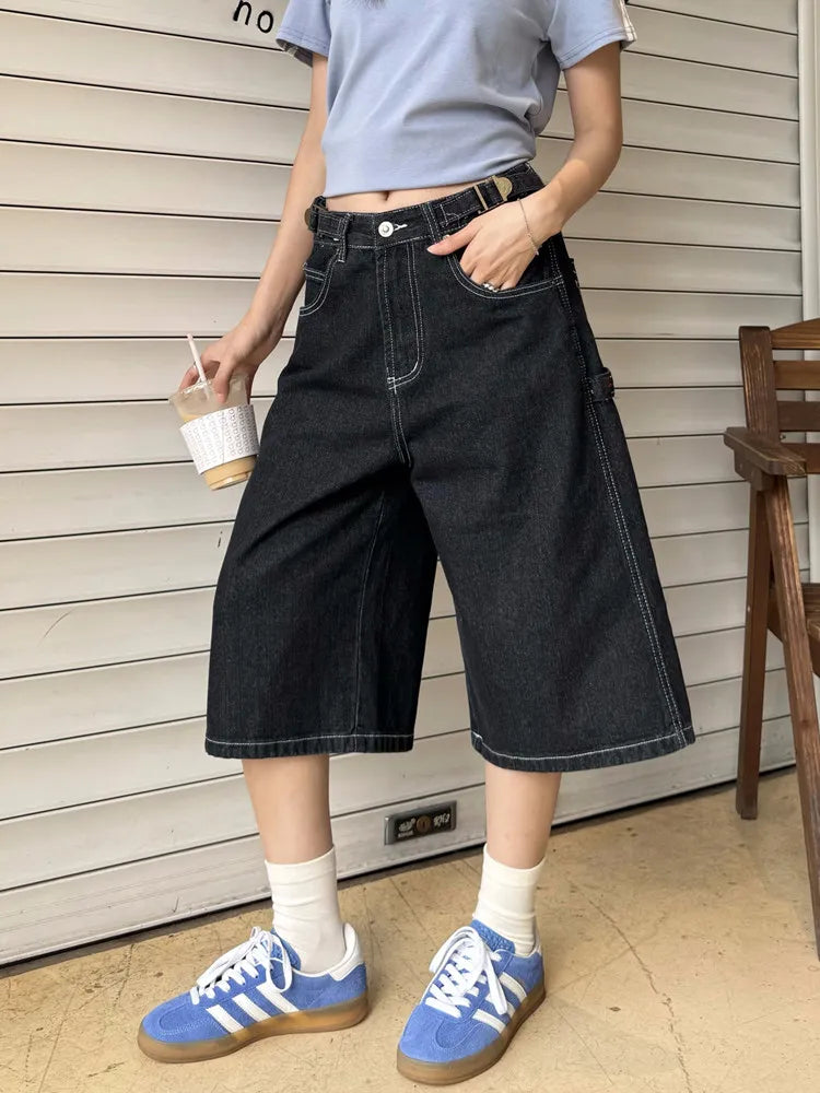 American Retro Loose Wide Leg Street Jeans Seven-Foot Casual Shorts Men Women Summer Small Audience Knee-Covering Jeans