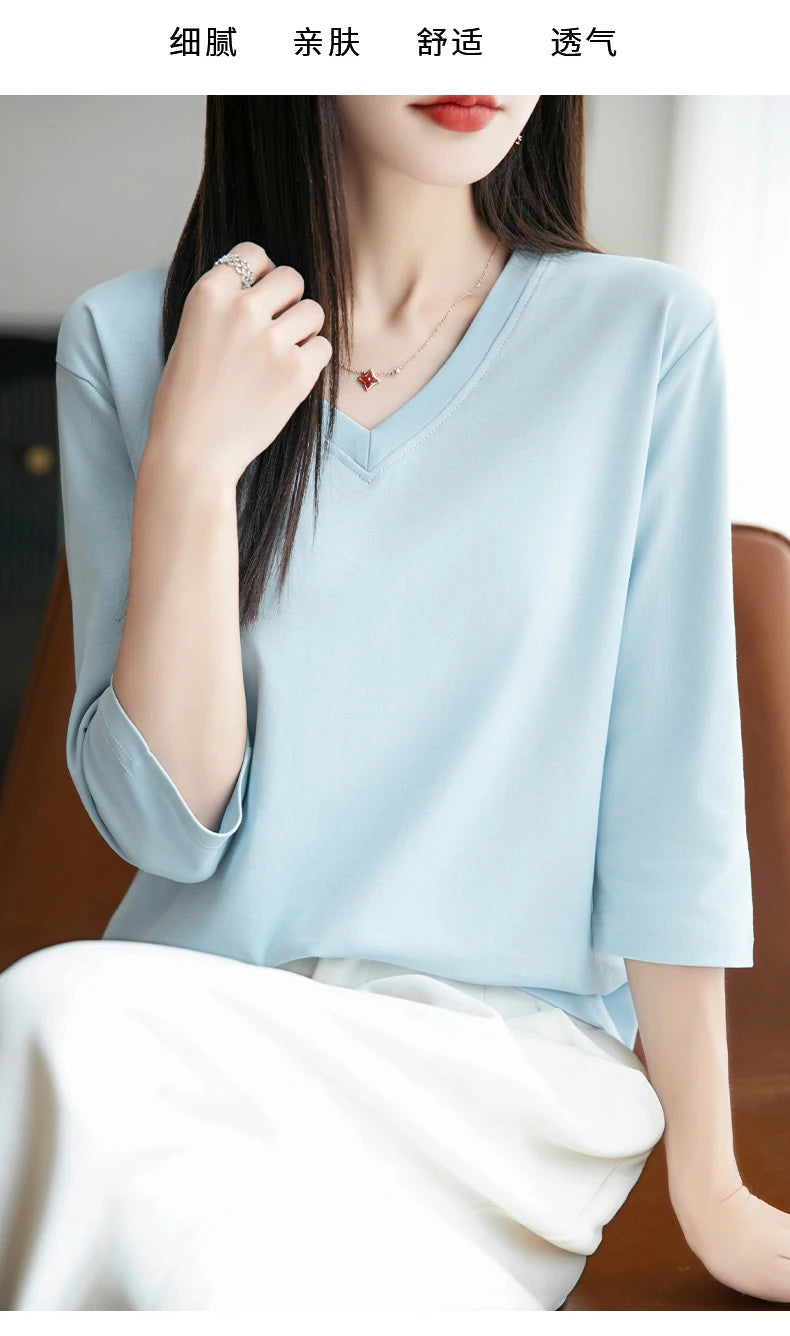Spring And Summer New White Mercerized Cotton Cropped Sleeve T-shirt Feminine Joker 100% Cotton Bottoming Shirt Half Sleeve