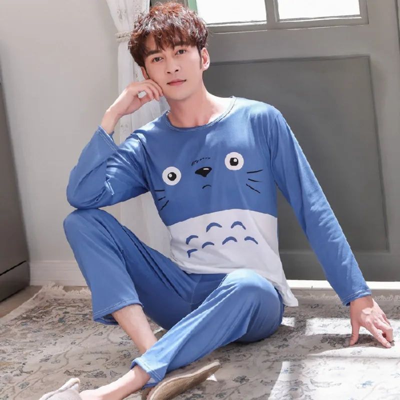 Spring and Autumn Long-Sleeved Long Pants Men's Pajamas Homewear Loose Casual Striped Nightwear Large Size Sleepwear Loungewear