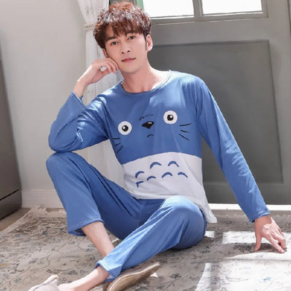 Spring and Autumn Long-Sleeved Long Pants Men's Pajamas Homewear Loose Casual Striped Nightwear Large Size Sleepwear Loungewear