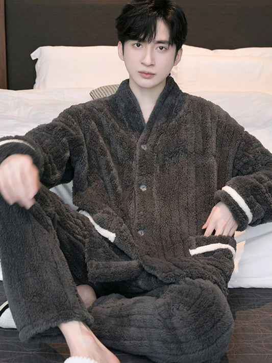 Thickened Flannel Coral Fleece Lined Sleepwear Set Men's Long Sleeve V-Neck Button Placket Home Clothes Suitable for Outdoor