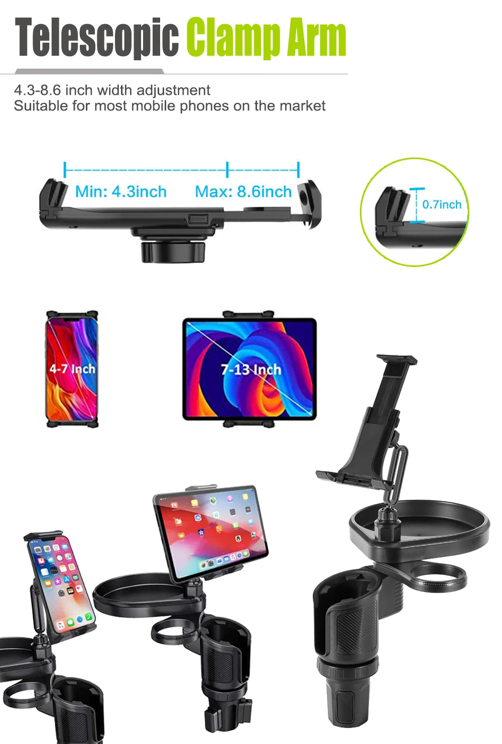 New Car Cup Holder Tray Adjustable with Phone Holder Tablet Tray Table 2 Cup Holders Road Trip & Car Traveling Essential Gadget
