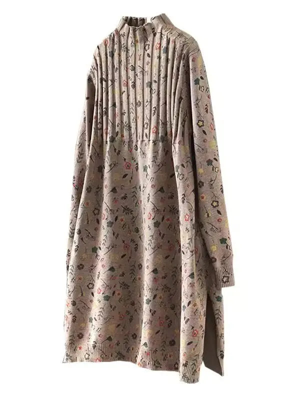 Retro Print Loose Knitted Dress Half High Collar Base Layer Skirt Autumn Winter Long Straight A-Line Dress for Women