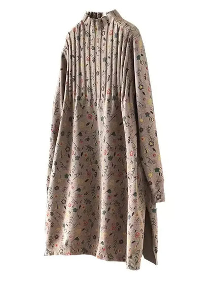 Retro Print Loose Knitted Dress Half High Collar Base Layer Skirt Autumn Winter Long Straight A-Line Dress for Women