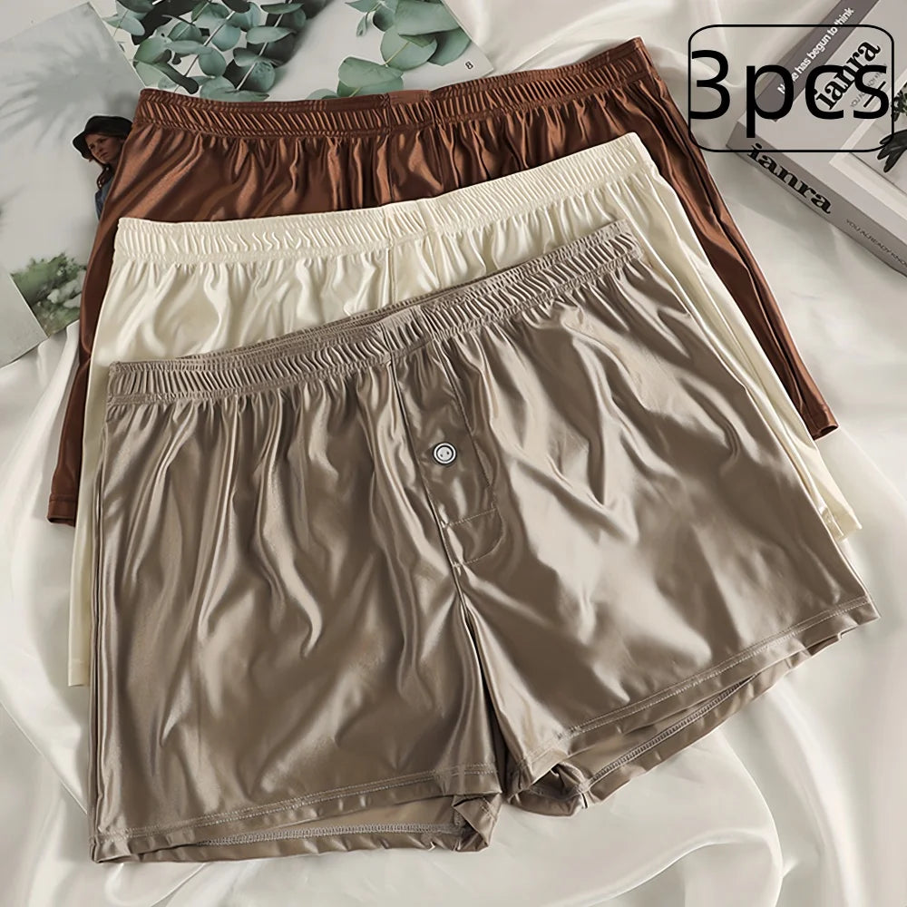 Three-Pack of Men's High-End Simple Smooth Satin Comfortable Skin-Friendly Home Boxer Briefs, Casual Sports Boxer Briefs for Men That Can Be Worn Outside