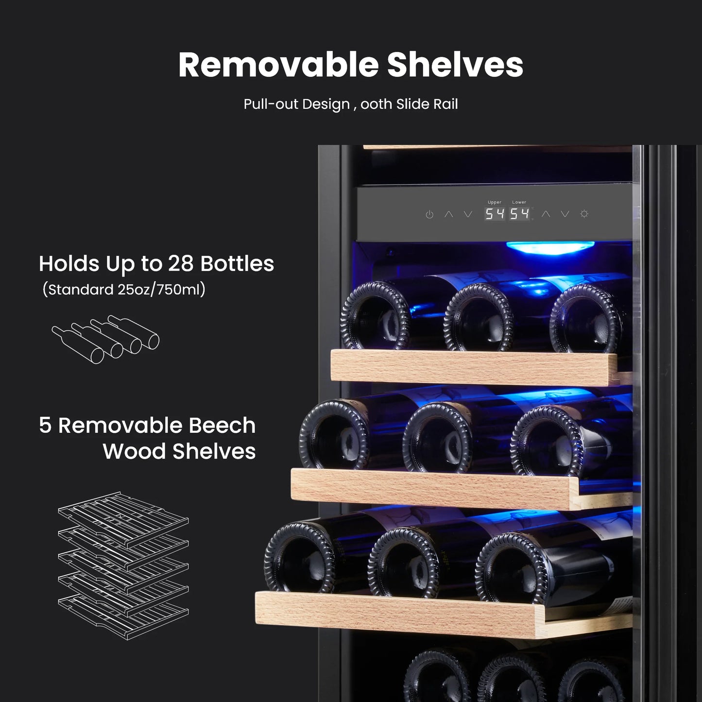 28 Bottles Under Counter Wine Cooler Built In Wine Fridge Single Zone 40-68°F Electronic Temperature Control Built Under Wine Refrigerator with Touch LED Light For Kitchen