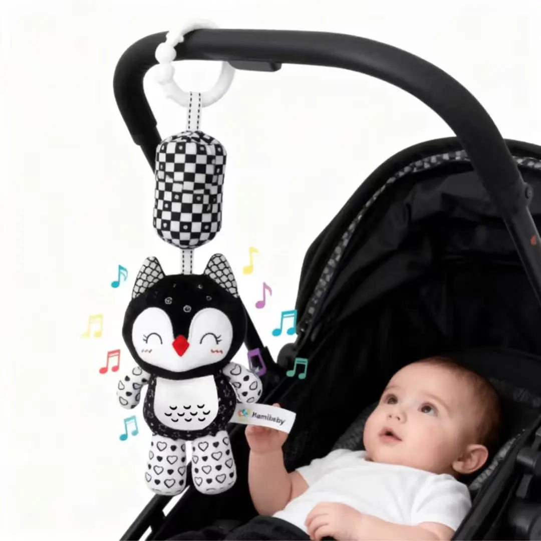 Portable Plush Baby Toy with Wind Chime and Rattle, Black White Design for Stroller Crib Hanging Decor, Safe Cute Newborn Gift