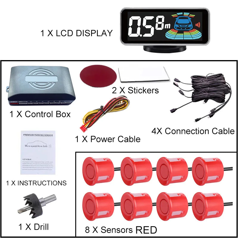 8 Radar Parking Sensor Kit Backlit LED Display Parktronic Backup Detector Assistant Car Parking System