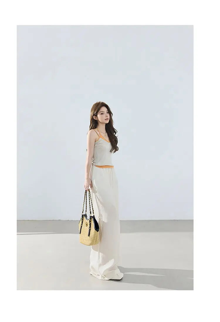 Loose wide-leg pants, classic style, drapey floor-length with drawstring, versatile thin linen straight casual pants for women