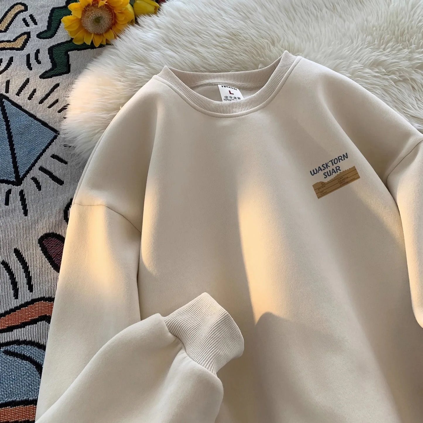 American Retro Fleece Lined Long Sleeve Letter Print Sweatshirt Unisex Autumn Winter Casual Fashion Versatile Men's Women's Top