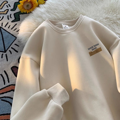 American Retro Fleece Lined Long Sleeve Letter Print Sweatshirt Unisex Autumn Winter Casual Fashion Versatile Men's Women's Top