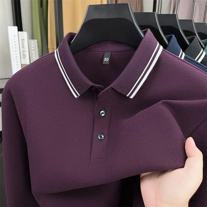 Men's 100% Cotton Long-Sleeve Polo Shirt - Light Purple Soft Knit  Breathable Business Casual Hexagon Pique Texture