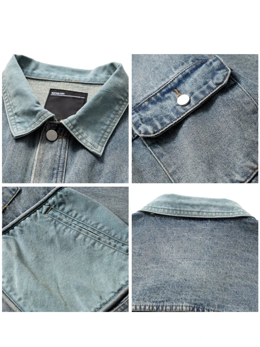 Japanese Vintage Blue Denim Jacket For Men Streetwear Fashion Workwear Coat Multi Pocket Color Block Loose Fit Casual Jackets