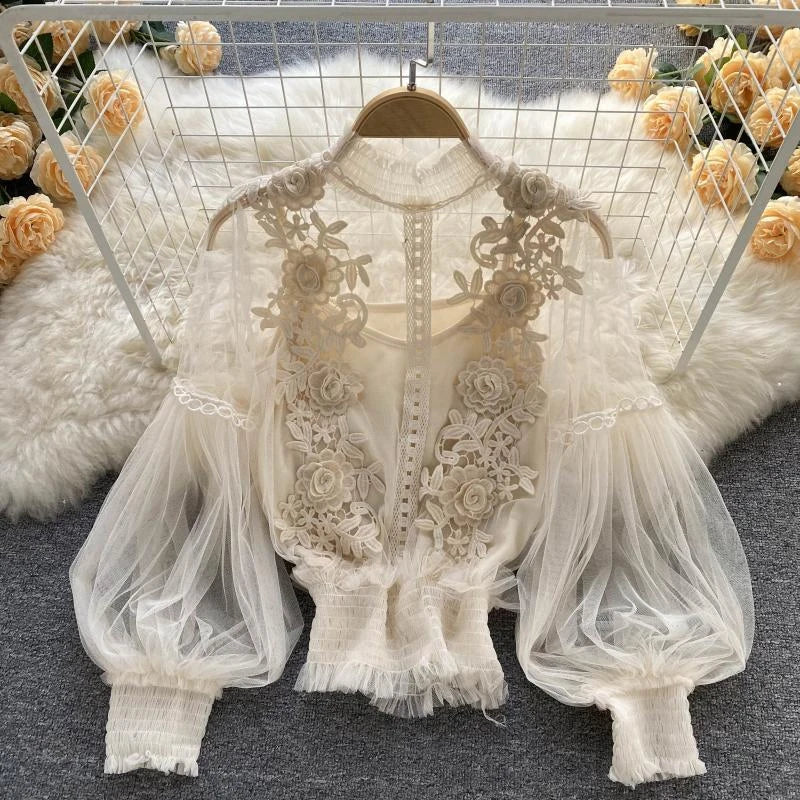 Summer Elegant Lace Blouses Korean Style Women's Clothing Casual Long Sleeve Tops Blusas Feminina Elegante Estilosa Y338
