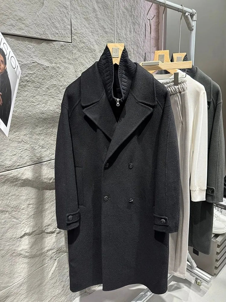 Business Men Winter Work Double Sided Woolen Detachable Knitted Collar Trench Coat Belt Double Breasted Wool Blends Windbreaker