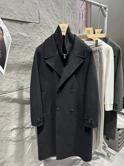 Business Men Winter Work Double Sided Woolen Detachable Knitted Collar Trench Coat Belt Double Breasted Wool Blends Windbreaker