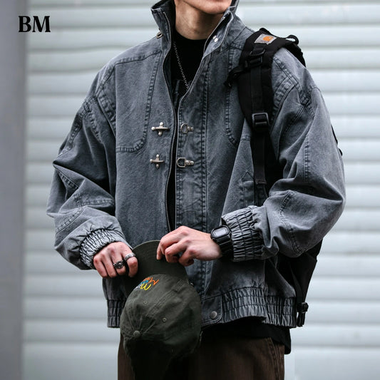 Mens Denim Jacket American Vintage Heavy Washed Distressed Workwear Stand Collar Streetwear Trendy High Quality Hip Hop Casual