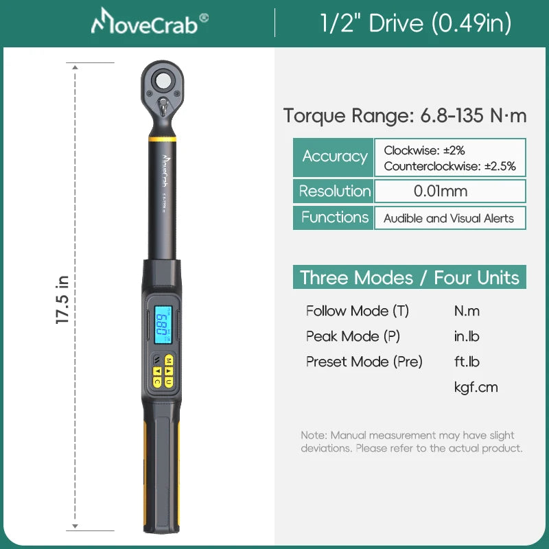 MOVECRAB Digital Torque Wrench 0.6-340N.m 2% Accuracy Preset & LED/Buzzer Alerts for Bike Motorcycles Automotive Mechanical Tool