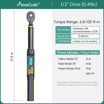 MOVECRAB Digital Torque Wrench 0.6-340N.m 2% Accuracy Preset & LED/Buzzer Alerts for Bike Motorcycles Automotive Mechanical Tool