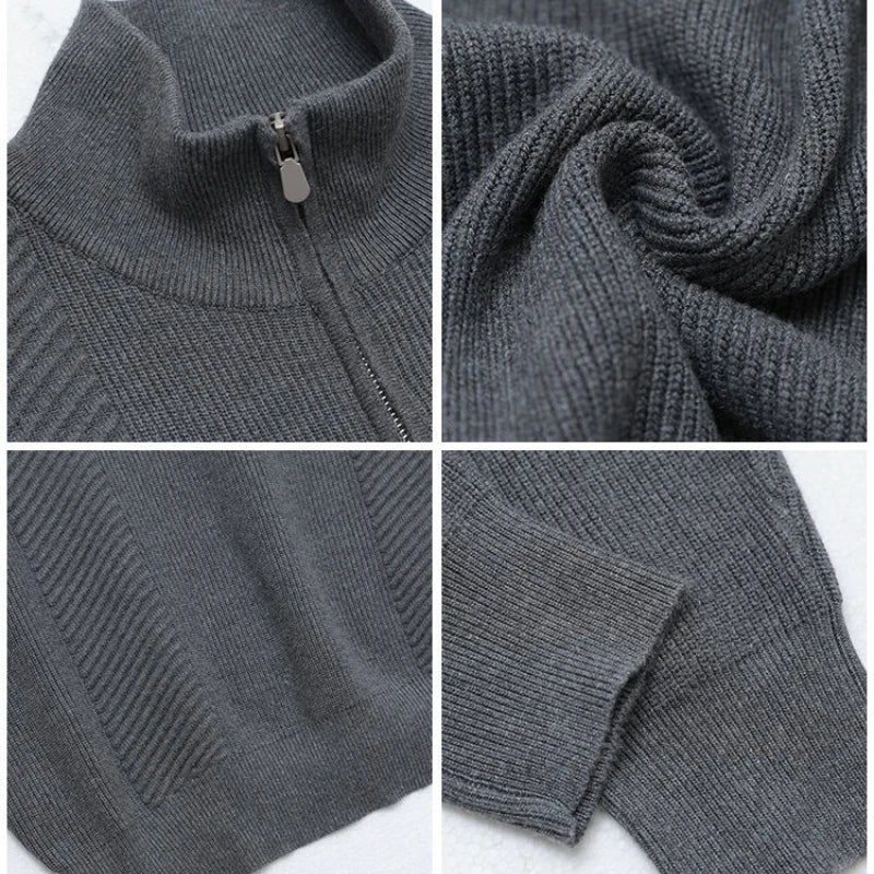 Men's Semi-Zip Knit Sweater - White (Gray/Black)  Winter Weight Fabric Fashionable Semi-High Neck Daily Wear