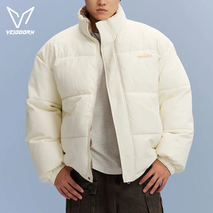 Veidoorn Unisex Short Parka Coat with Stand Collar Warm Thermal Puffer Jacket for Winter Puffy Outdoor Streetwear