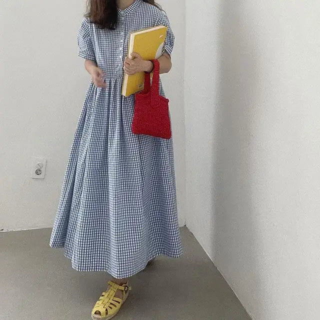 Summer New Long Sleeveless round Neck Plaid A-Line Dress Women's Sweet Style Cross-Border Fashion Cotton Linen Dress